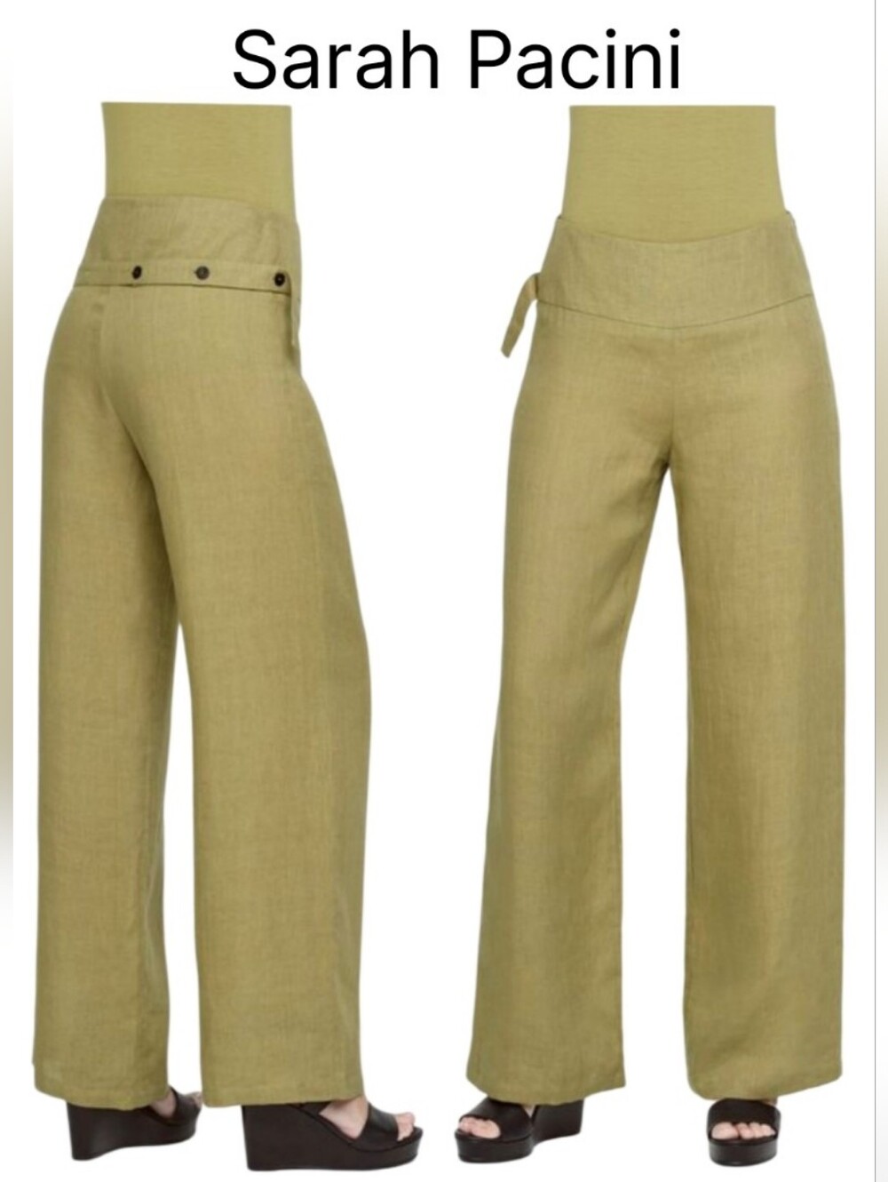 NWOT Sarah Pacini Olive-Green Wide-Leg Linen Pants Sz 2